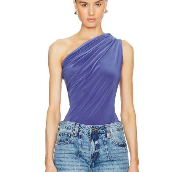 Norma Kamali One Shoulder Peasant Top Military Blue - Picture 1 of 5